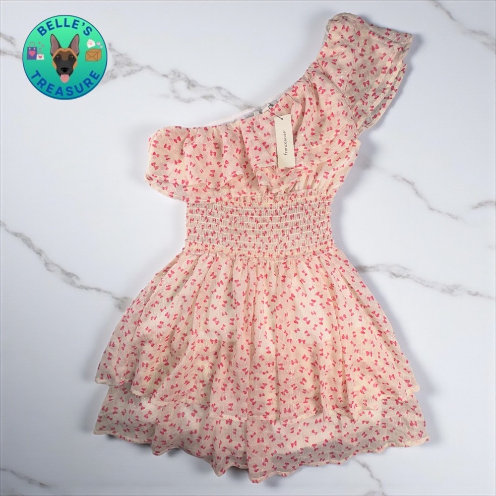 Francescas One Shoulder‎ Mini Dress Pink Bow Print Ruffle Smocked Shimmer Medium